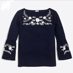 J. Crew top navy top ruffle sleeves and embroidery